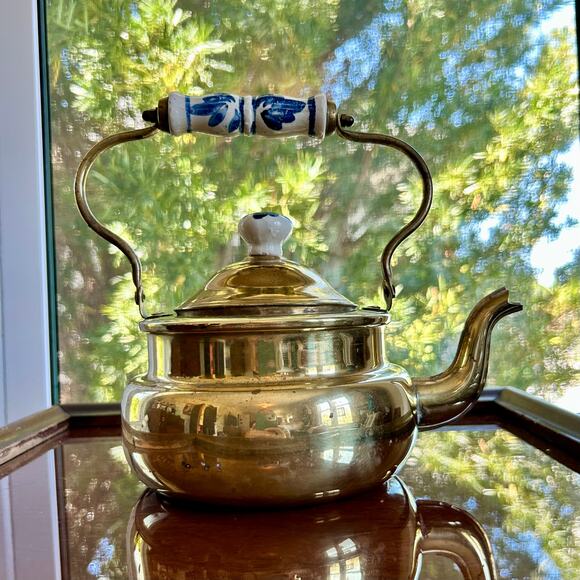 Vintage Brass Teapot Kettle with Blue and White Porcelain Handle Details - Picture 1 of 16
